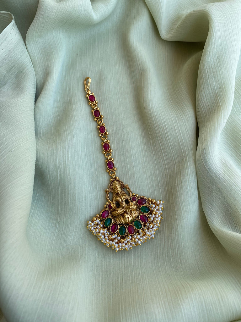 Handcrafted Matte Gold toned Lakshmi Tikka with Pearls